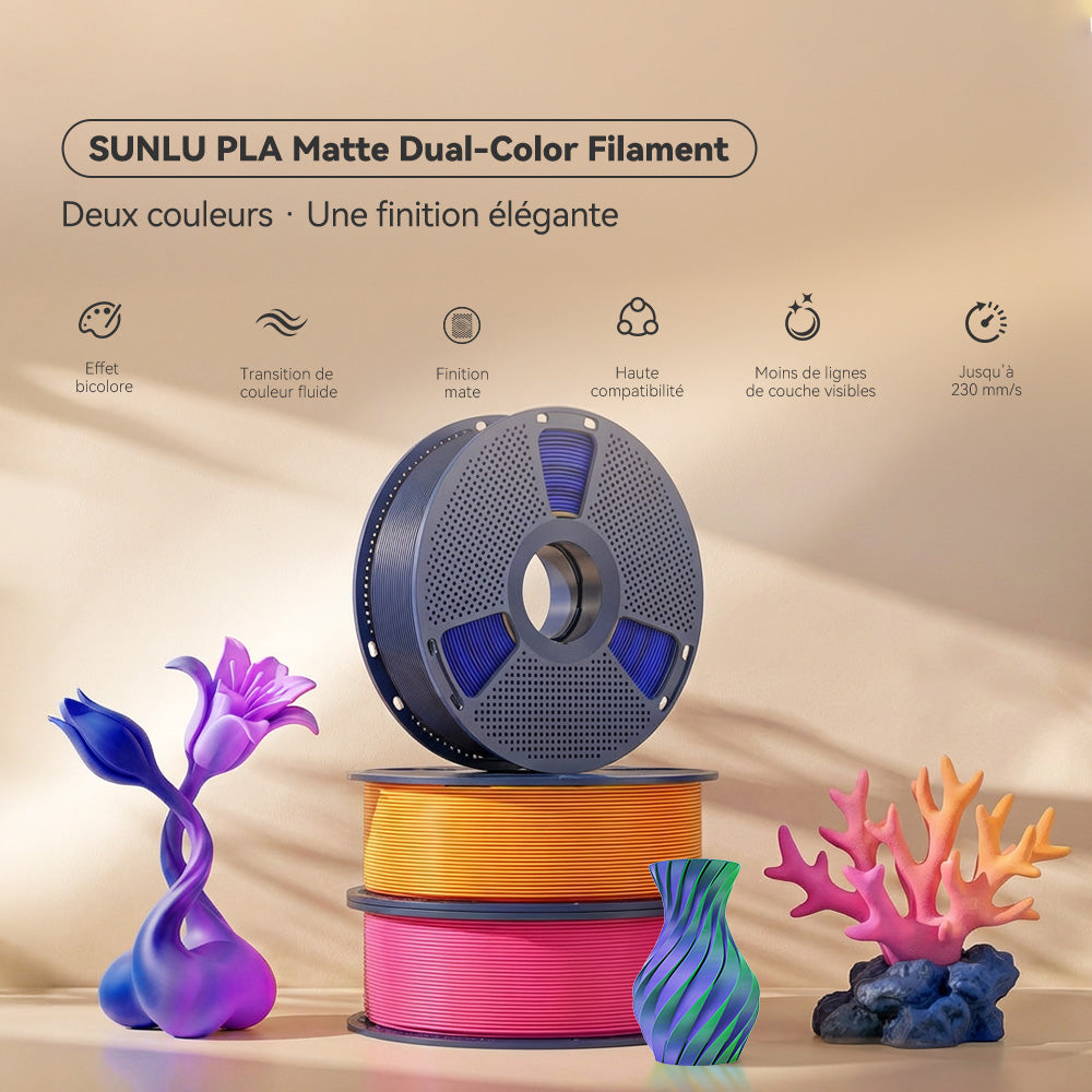 [MOQ : 3 Rouleaux] PLA Matte Dual-Color Filament Esthétique pour Imprimante 3D 1KG, Dégradés Bicolores Fluides & Finition Mate Douce