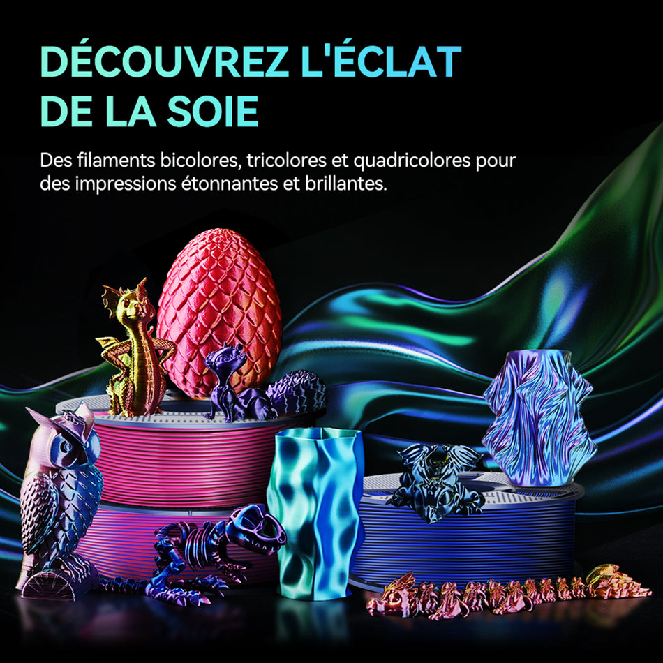 [MOQ : 3 Rouleaux] Silk Multicolore (Bicolore, Tricolore). PLA+ Soie Unicolore Filament 1KG