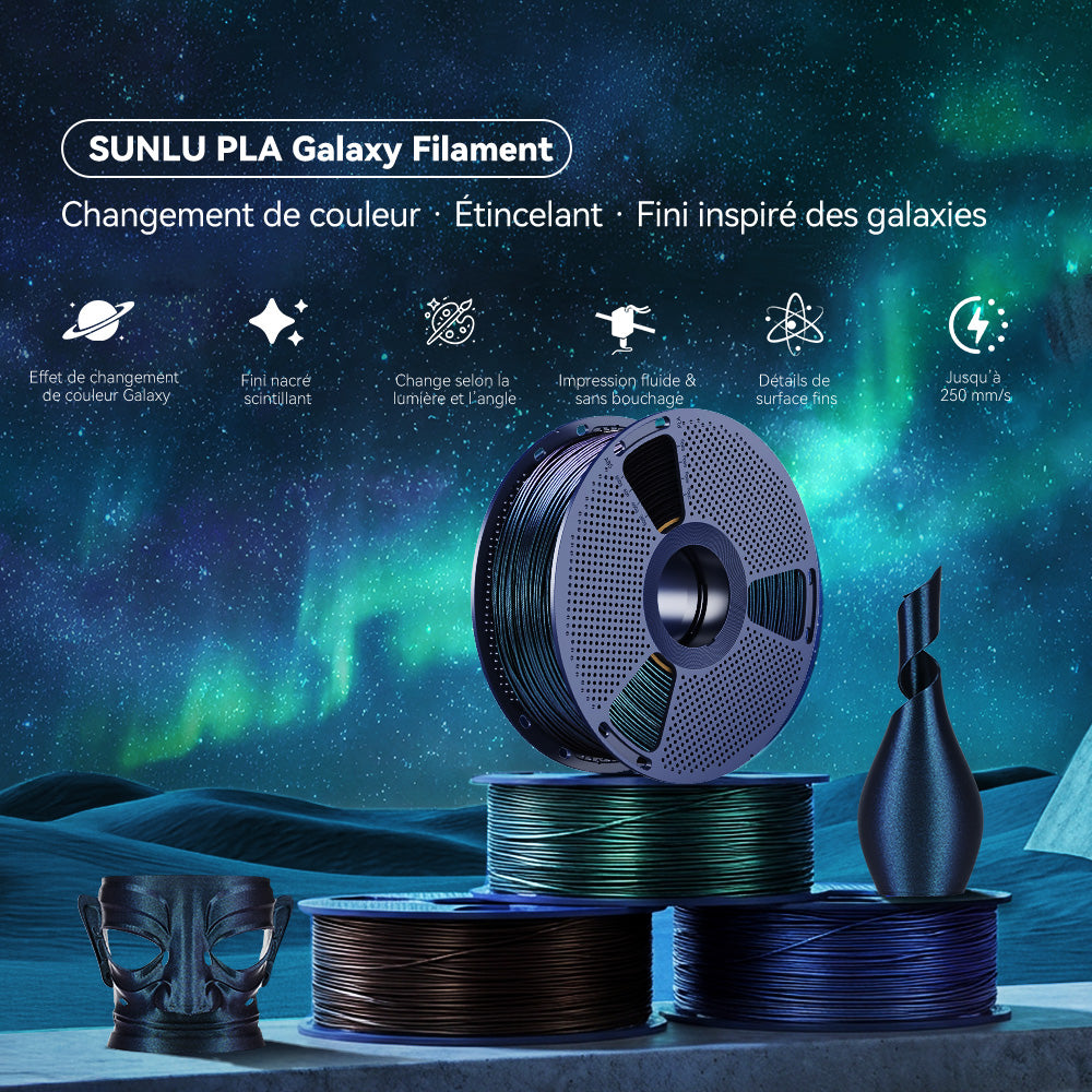 SUNLU PLA Galaxy Filament Esthétique 1KG, Filament PLA à Changement de Couleur, Poudre Nacrée Ultrafine Étincelante